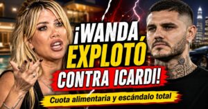 Miniatura viral de Wanda Nara explotando contra Mauro Icardi por la cuota alimentaria, con tono de escándalo mediático y fuerte impacto visual.