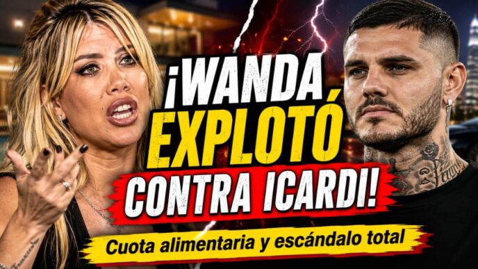 Miniatura viral de Wanda Nara explotando contra Mauro Icardi por la cuota alimentaria, con tono de escándalo mediático y fuerte impacto visual.