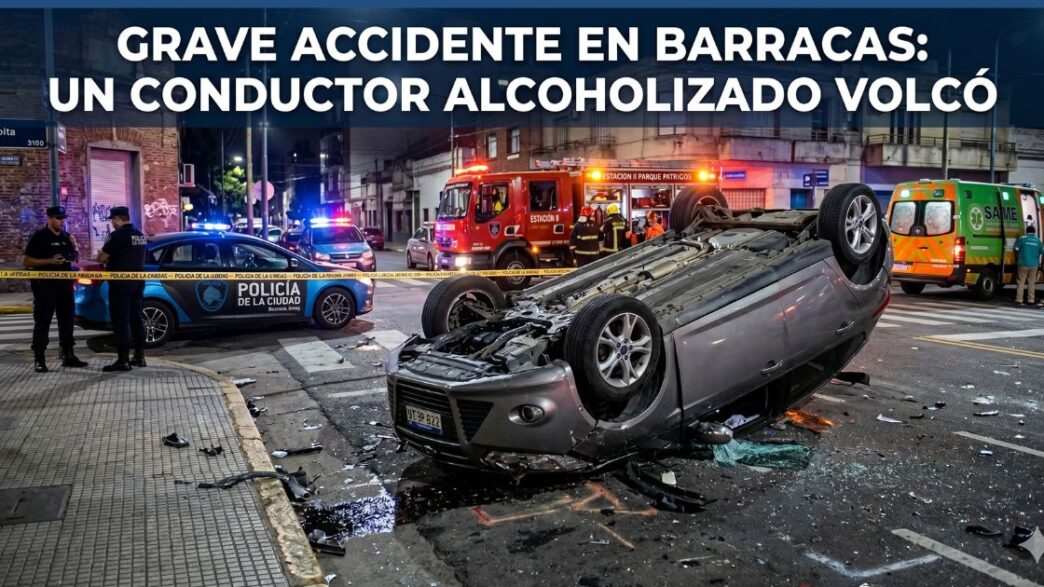 Auto volcado y completamente destruido en Barracas tras un violento choque. Operativo de emergencia con la Policía de la Ciudad y ambulancias del SAME asistiendo al conductor alcoholizado en la calle Zepita.