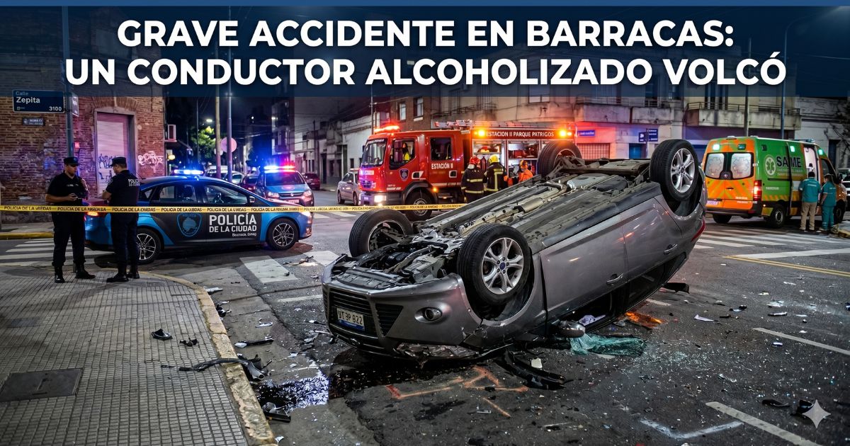 Auto volcado y completamente destruido en Barracas tras un violento choque. Operativo de emergencia con la Policía de la Ciudad y ambulancias del SAME asistiendo al conductor alcoholizado en la calle Zepita.