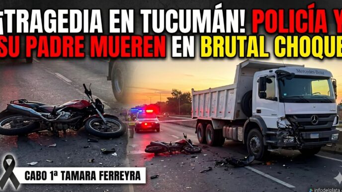 Accidente fatal en Tucumán: restos de una motocicleta destruida en la ruta tras chocar de frente contra un camión blanco. De fondo, luces de patrulleros policiales y un cartel de luto por la Cabo 1ª Tamara Ferreyra.