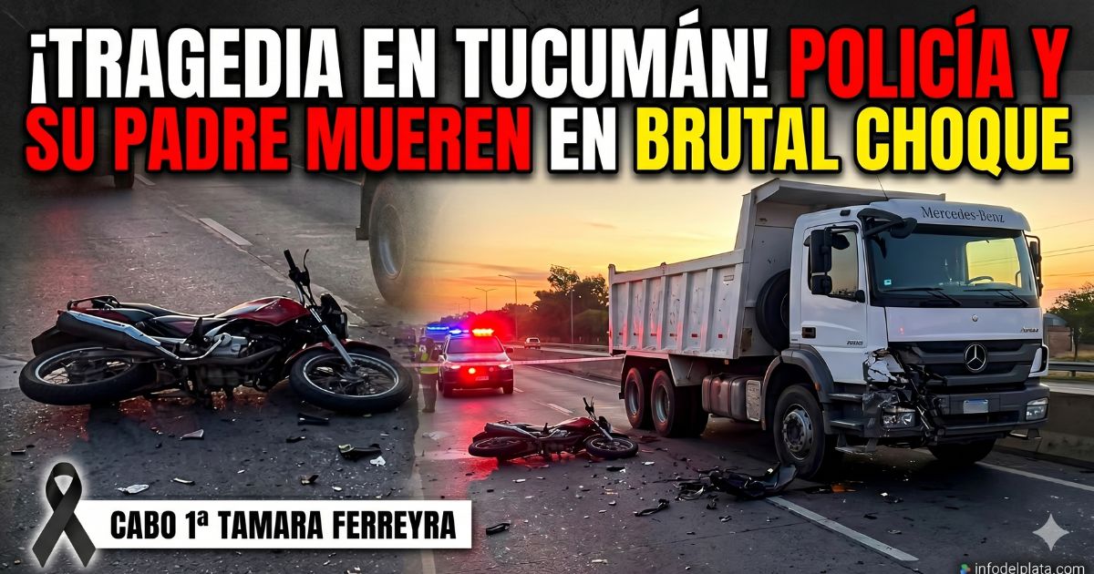 Accidente fatal en Tucumán: restos de una motocicleta destruida en la ruta tras chocar de frente contra un camión blanco. De fondo, luces de patrulleros policiales y un cartel de luto por la Cabo 1ª Tamara Ferreyra.