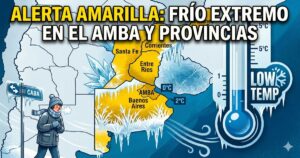 Mapa de alerta amarilla por frío extremo en el AMBA y provincias congeladas por la ola polar.
