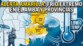 Mapa de alerta amarilla por frío extremo en el AMBA y provincias congeladas por la ola polar.