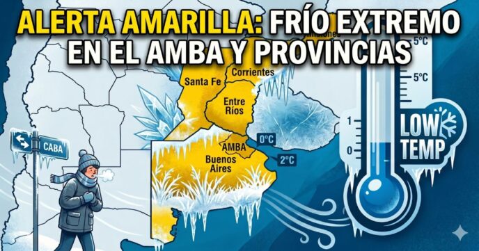 Mapa de alerta amarilla por frío extremo en el AMBA y provincias congeladas por la ola polar.