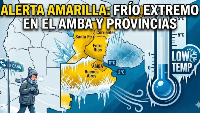Mapa de alerta amarilla por frío extremo en el AMBA y provincias congeladas por la ola polar.