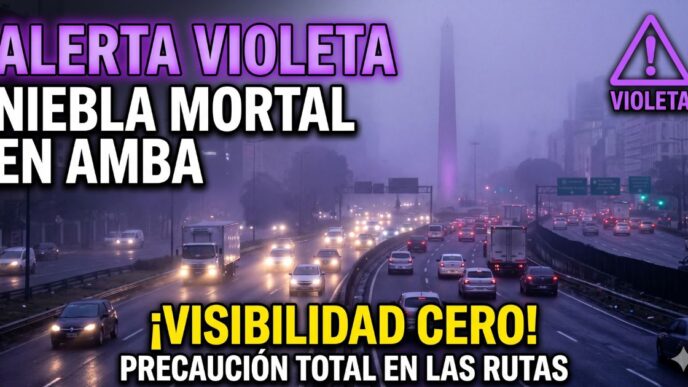Autopista del AMBA con visibilidad nula por densa niebla. Alerta violeta del Servicio Meteorológico Nacional por peligro extremo en el tránsito.