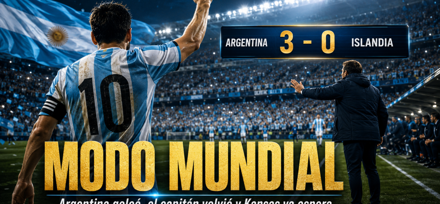 Portada deportiva de la Selección Argentina en modo Mundial tras ganarle 3-0 a Islandia, con un jugador argentino celebrando de espaldas, bandera nacional y clima de ilusión antes del debut en Kansas.