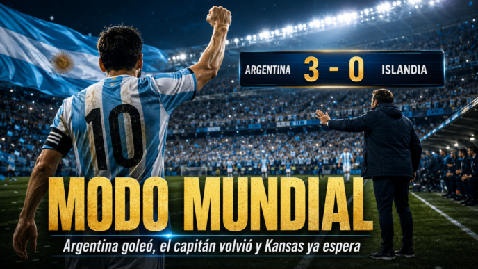 Portada deportiva de la Selección Argentina en modo Mundial tras ganarle 3-0 a Islandia, con un jugador argentino celebrando de espaldas, bandera nacional y clima de ilusión antes del debut en Kansas.