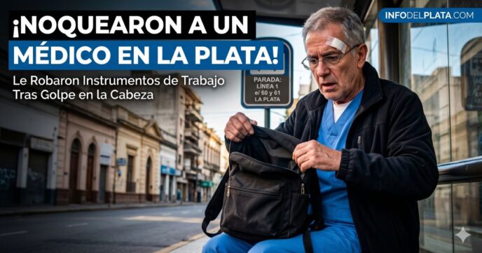 Médico de 75 años herido en la cabeza revisando su mochila en una parada de colectivo, víctima de un violento asalto a un médico en La Plata.