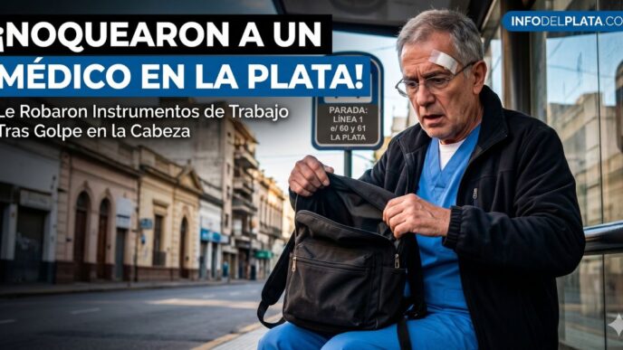 Médico de 75 años herido en la cabeza revisando su mochila en una parada de colectivo, víctima de un violento asalto a un médico en La Plata.