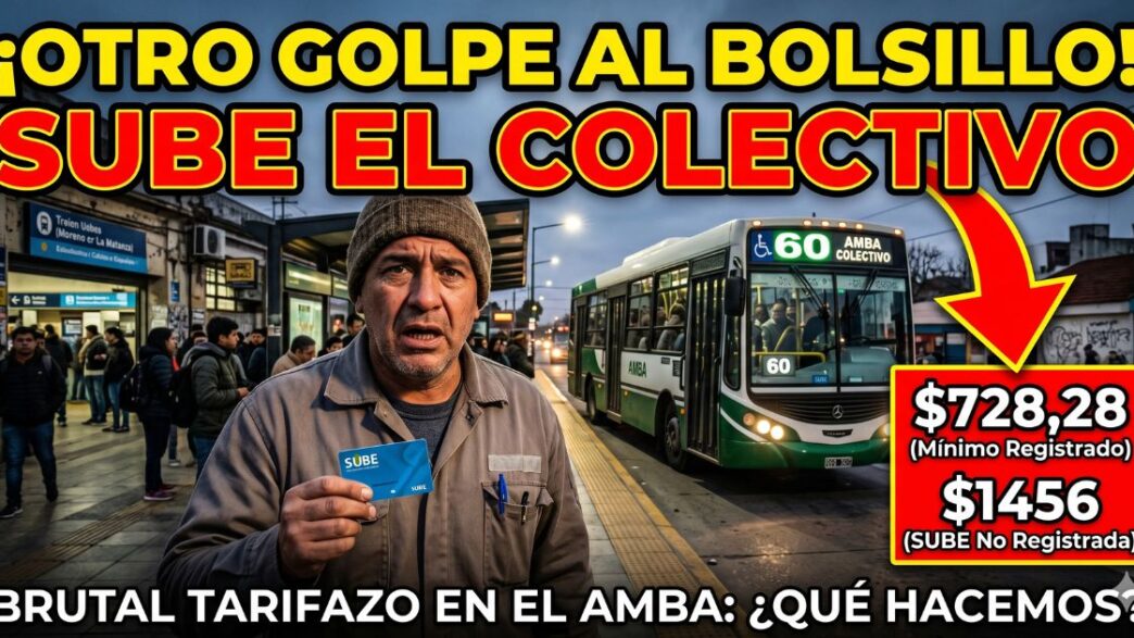 Trabajador mostrando su tarjeta SUBE con gesto de angustia frente a un colectivo en el AMBA, ilustrando el brutal aumento del boleto mínimo y el tarifazo al transporte público.