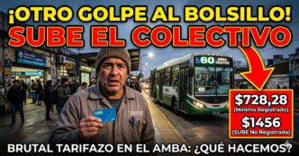 Trabajador mostrando su tarjeta SUBE con gesto de angustia frente a un colectivo en el AMBA, ilustrando el brutal aumento del boleto mínimo y el tarifazo al transporte público.