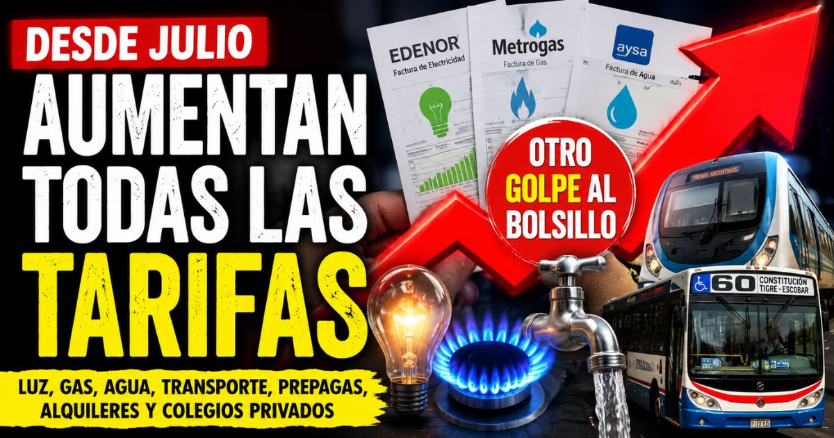Aumento de tarifas en julio 2026: suben la luz, el gas, el agua, el transporte, las prepagas, los alquileres y los colegios privados en Argentina.