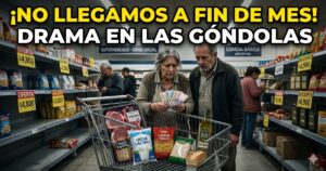 Jubilados angustiados en el supermercado contando los billetes frente a un changuito casi vacío, reflejando la brutal caída del consumo, la inflación y el ajuste económico en Argentina.