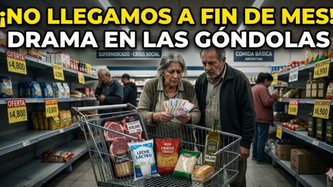 Jubilados angustiados en el supermercado contando los billetes frente a un changuito casi vacío, reflejando la brutal caída del consumo, la inflación y el ajuste económico en Argentina.