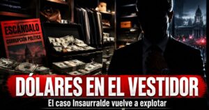 Miniatura de la noticia sobre el caso Insaurralde con fajos de dólares en un vestidor, una figura política en sombra y el título “Dólares en el vestidor”.