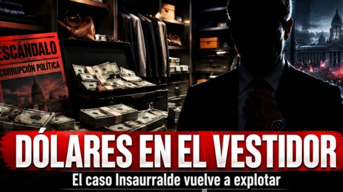 Miniatura de la noticia sobre el caso Insaurralde con fajos de dólares en un vestidor, una figura política en sombra y el título “Dólares en el vestidor”.