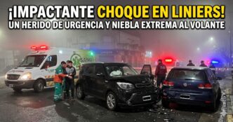 Fuerte choque en Liniers por alerta de niebla: auto Kia Soul negro con destrucción total tras chocar a un vehículo estacionado. Operativo del SAME y policía asistiendo al conductor herido.