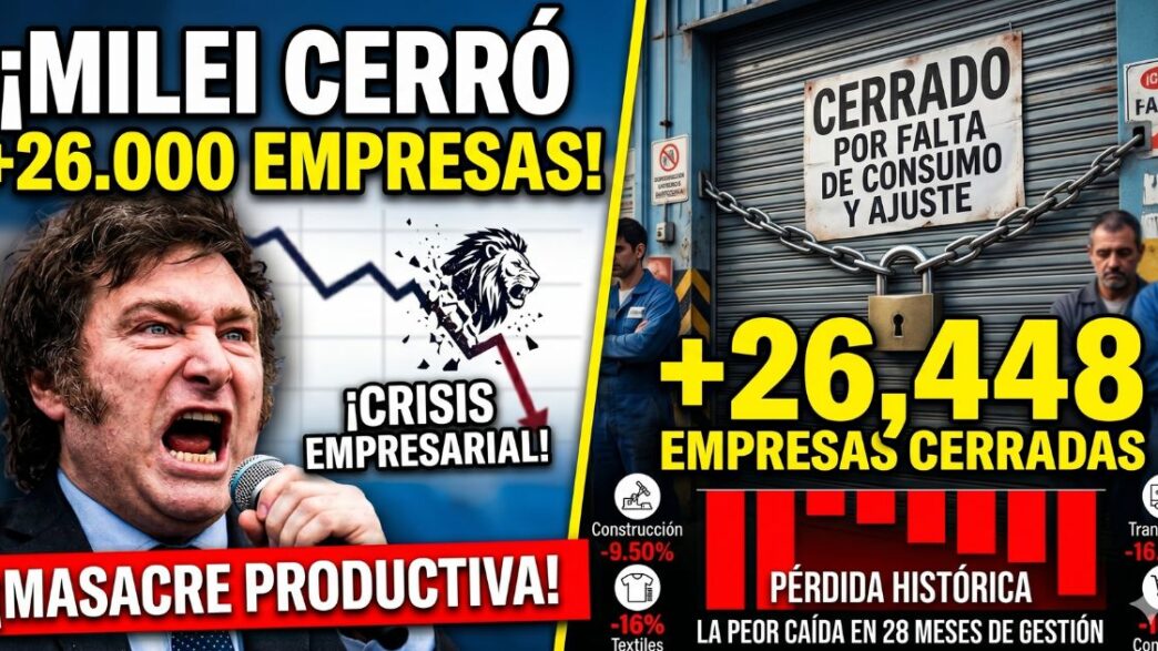 Javier Milei desencajado frente a una persiana de fábrica cerrada con candado. Carteles rojos que denuncian masacre productiva y más de 26.000 empresas cerradas por la crisis económica y el ajuste en Argentina.