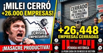 Javier Milei desencajado frente a una persiana de fábrica cerrada con candado. Carteles rojos que denuncian masacre productiva y más de 26.000 empresas cerradas por la crisis económica y el ajuste en Argentina.