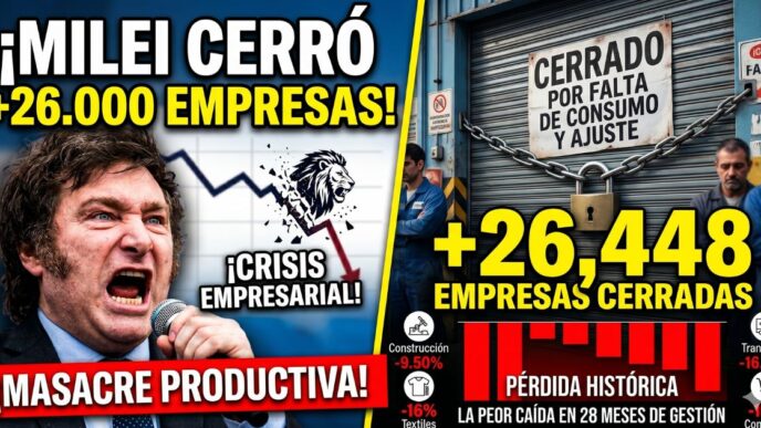 Javier Milei desencajado frente a una persiana de fábrica cerrada con candado. Carteles rojos que denuncian masacre productiva y más de 26.000 empresas cerradas por la crisis económica y el ajuste en Argentina.