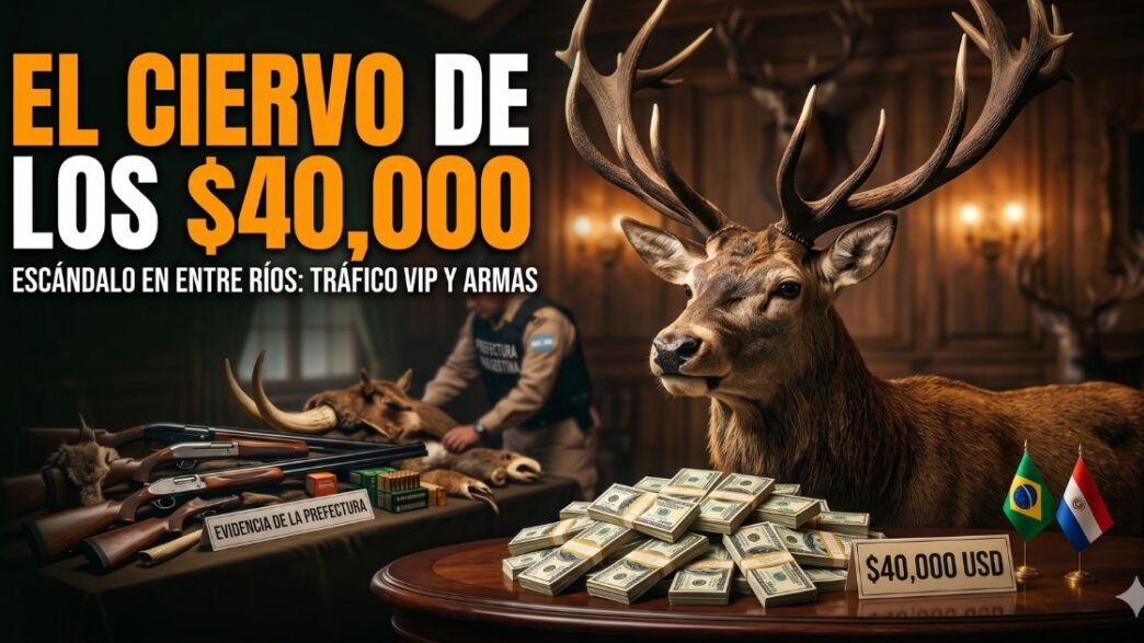 Miniatura de noticia impactante: cabeza disecada de un ciervo rojo con grandes astas, fajos de dólares estadounidenses con un cartel de "$40,000 USD", y una pila de escopetas de caza secuestradas con cartel de evidencia de la Prefectura, todo en una sala de trofeos de madera.