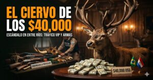 Miniatura de noticia impactante: cabeza disecada de un ciervo rojo con grandes astas, fajos de dólares estadounidenses con un cartel de "$40,000 USD", y una pila de escopetas de caza secuestradas con cartel de evidencia de la Prefectura, todo en una sala de trofeos de madera.