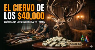 Miniatura de noticia impactante: cabeza disecada de un ciervo rojo con grandes astas, fajos de dólares estadounidenses con un cartel de "$40,000 USD", y una pila de escopetas de caza secuestradas con cartel de evidencia de la Prefectura, todo en una sala de trofeos de madera.