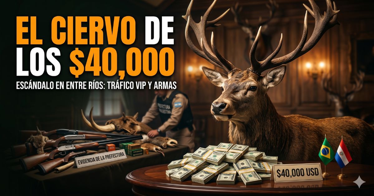 Miniatura de noticia impactante: cabeza disecada de un ciervo rojo con grandes astas, fajos de dólares estadounidenses con un cartel de "$40,000 USD", y una pila de escopetas de caza secuestradas con cartel de evidencia de la Prefectura, todo en una sala de trofeos de madera.