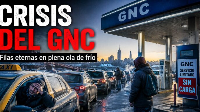 Miniatura de la noticia sobre la crisis del GNC en Argentina, con largas filas de autos y trabajadores esperando cargar combustible en plena ola de frío.