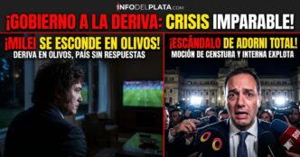 Imagen dividida: Javier Milei aislado a oscuras en la Quinta de Olivos mirando televisión, mientras Manuel Adorni se muestra transpirado y acorralado por periodistas frente al Congreso tras el escándalo por sus dólares sin declarar y la moción de censura.