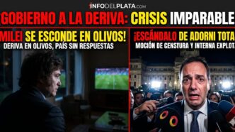 Imagen dividida: Javier Milei aislado a oscuras en la Quinta de Olivos mirando televisión, mientras Manuel Adorni se muestra transpirado y acorralado por periodistas frente al Congreso tras el escándalo por sus dólares sin declarar y la moción de censura.