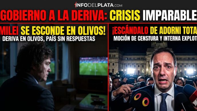 Imagen dividida: Javier Milei aislado a oscuras en la Quinta de Olivos mirando televisión, mientras Manuel Adorni se muestra transpirado y acorralado por periodistas frente al Congreso tras el escándalo por sus dólares sin declarar y la moción de censura.