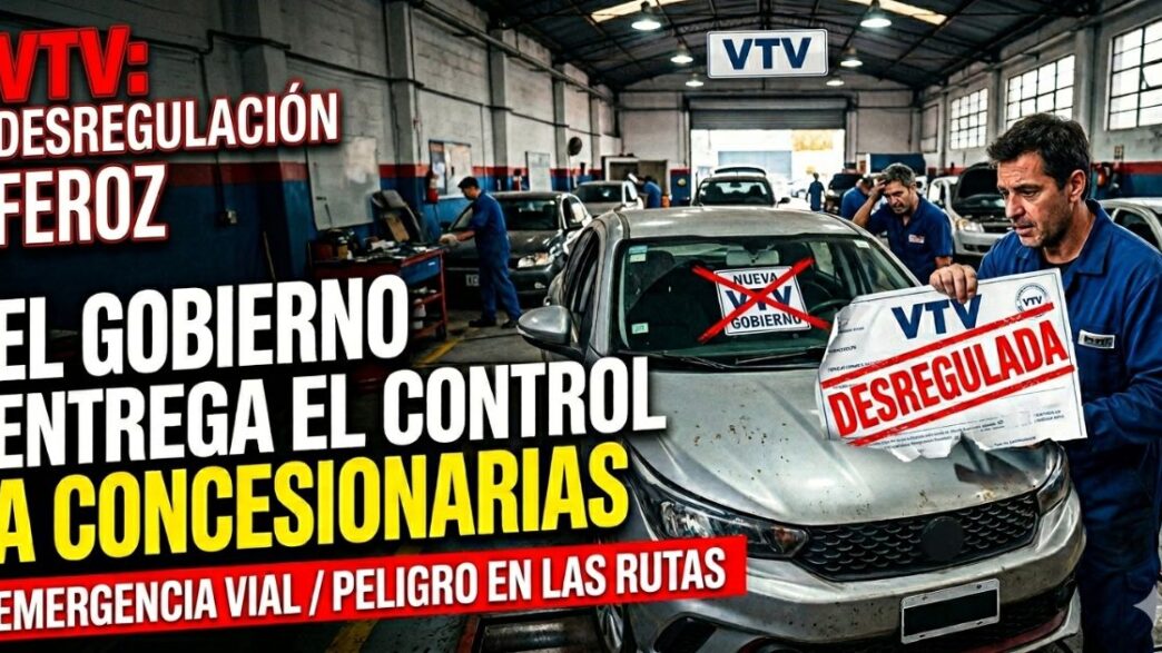 Mecánico en taller sostiene cartel de VTV desregulada denunciando la privatización encubierta del Gobierno, que entrega el control a las concesionarias.