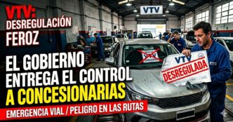 Mecánico en taller sostiene cartel de VTV desregulada denunciando la privatización encubierta del Gobierno, que entrega el control a las concesionarias.