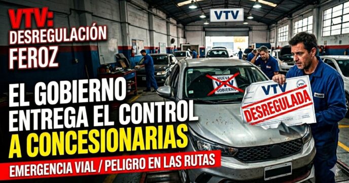 Mecánico en taller sostiene cartel de VTV desregulada denunciando la privatización encubierta del Gobierno, que entrega el control a las concesionarias.