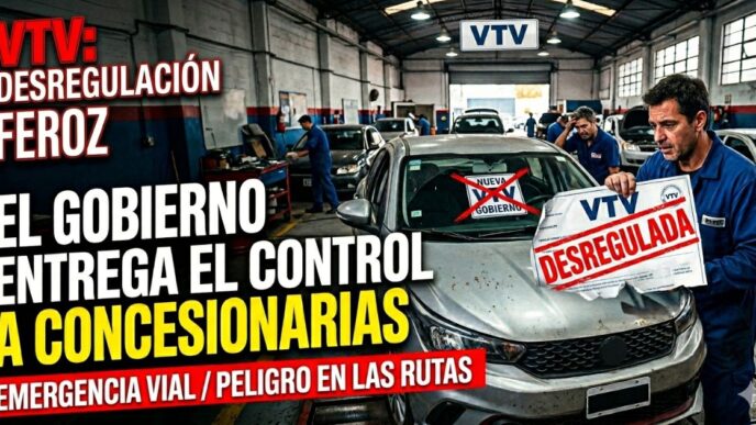 Mecánico en taller sostiene cartel de VTV desregulada denunciando la privatización encubierta del Gobierno, que entrega el control a las concesionarias.