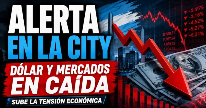 Miniatura de noticia económica sobre el dólar en Argentina, con alerta en la city, mercados en caída, gráfico rojo descendente y tensión financiera.