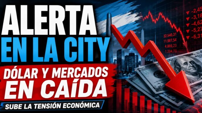 Miniatura de noticia económica sobre el dólar en Argentina, con alerta en la city, mercados en caída, gráfico rojo descendente y tensión financiera.