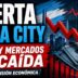Miniatura de noticia económica sobre el dólar en Argentina, con alerta en la city, mercados en caída, gráfico rojo descendente y tensión financiera.