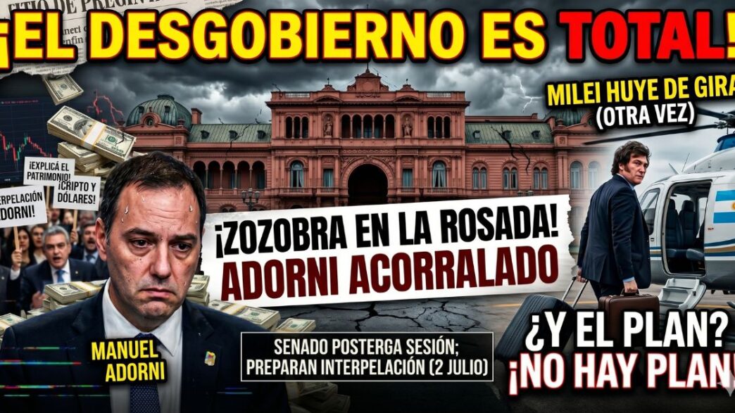 Manuel Adorni sudando acorralado por el escándalo de corrupción y los dólares, mientras Javier Milei huye en helicóptero de una Casa Rosada en ruinas por la crisis.