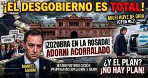 Manuel Adorni sudando acorralado por el escándalo de corrupción y los dólares, mientras Javier Milei huye en helicóptero de una Casa Rosada en ruinas por la crisis.
