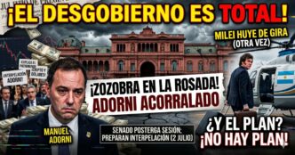 Manuel Adorni sudando acorralado por el escándalo de corrupción y los dólares, mientras Javier Milei huye en helicóptero de una Casa Rosada en ruinas por la crisis.