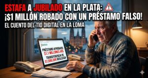 Jubilado angustiado siendo víctima de una estafa virtual bancaria en La Plata, mirando un préstamo falso de un millón de pesos en su computadora.