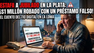 Jubilado angustiado siendo víctima de una estafa virtual bancaria en La Plata, mirando un préstamo falso de un millón de pesos en su computadora.