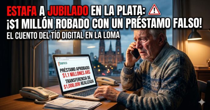 Jubilado angustiado siendo víctima de una estafa virtual bancaria en La Plata, mirando un préstamo falso de un millón de pesos en su computadora.