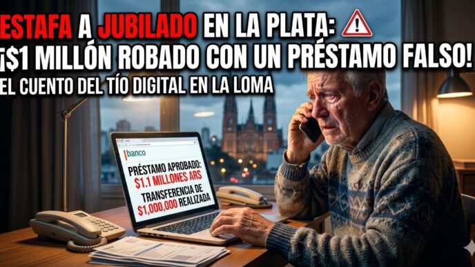 Jubilado angustiado siendo víctima de una estafa virtual bancaria en La Plata, mirando un préstamo falso de un millón de pesos en su computadora.