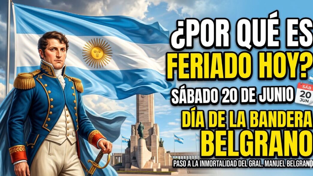 Miniatura llamativa para la noticia del feriado del sábado 20 de junio en Argentina. Muestra una bandera argentina ondeando épicamente con el Monumento Nacional a la Bandera en Rosario y un calendario que resalta el sábado 20 de junio de 2026, junto con el texto superpuesto: "¿Por qué es feriado hoy, sábado 20 de junio? ¡Descubrí si hay descanso extra! 🇦🇷".