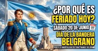 Miniatura llamativa para la noticia del feriado del sábado 20 de junio en Argentina. Muestra una bandera argentina ondeando épicamente con el Monumento Nacional a la Bandera en Rosario y un calendario que resalta el sábado 20 de junio de 2026, junto con el texto superpuesto: "¿Por qué es feriado hoy, sábado 20 de junio? ¡Descubrí si hay descanso extra! 🇦🇷".